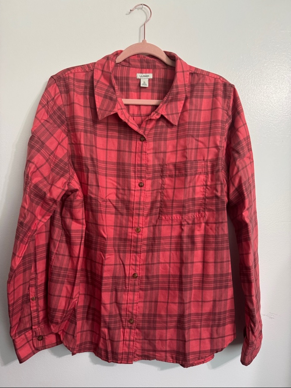 L.L. Bean Coral Red Plaid Women's Button-Down Shirt